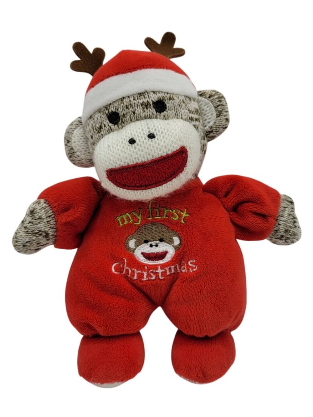Magic Years First Christmas Plush Lovey Rattle Brown Red 8" Reindeer Sock Monkey